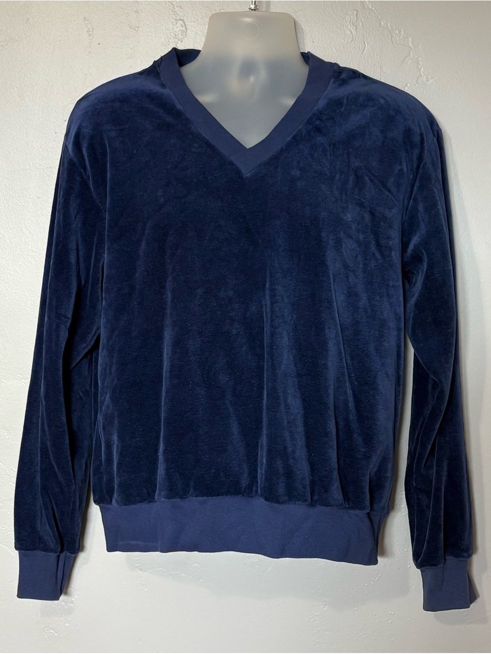 Vtg Mervyn’s Mens XL Velour Blue Pullover V-Neck Long sleeve Shirt 1970's-80’s